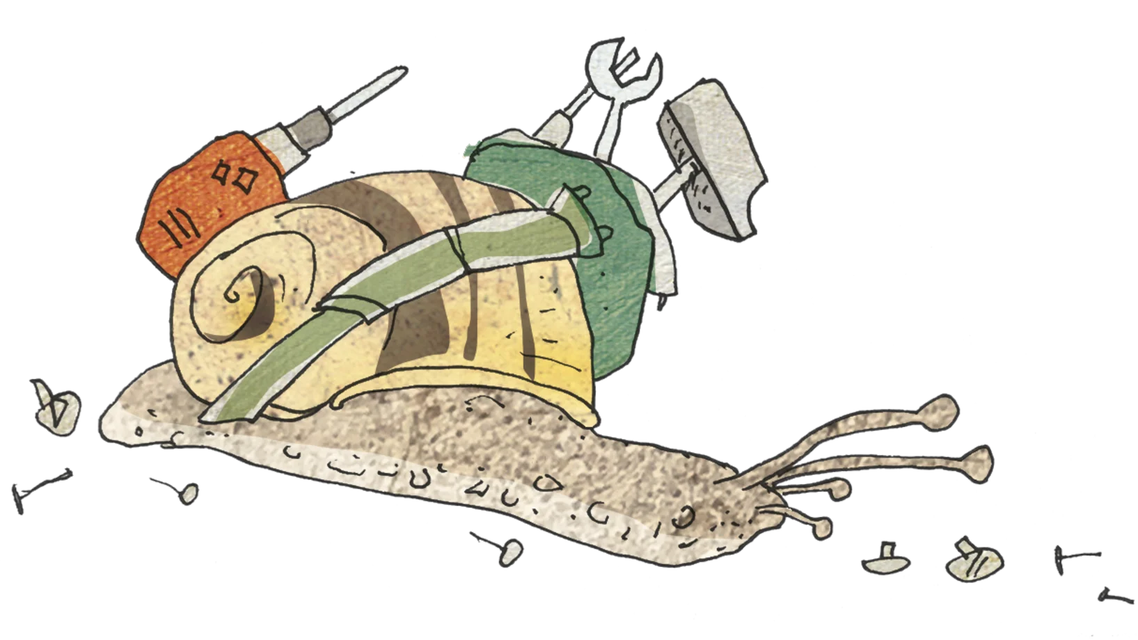 Schnecke mit Werkzeug auf dem Gehäuse